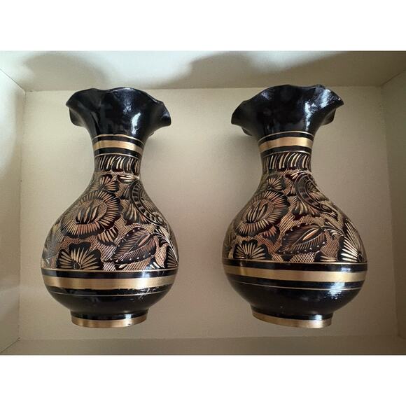Pair of Vintage Bidiware Bud Vases, India - Perfect Christmas Party Hostess Gift - Picture 2 of 5